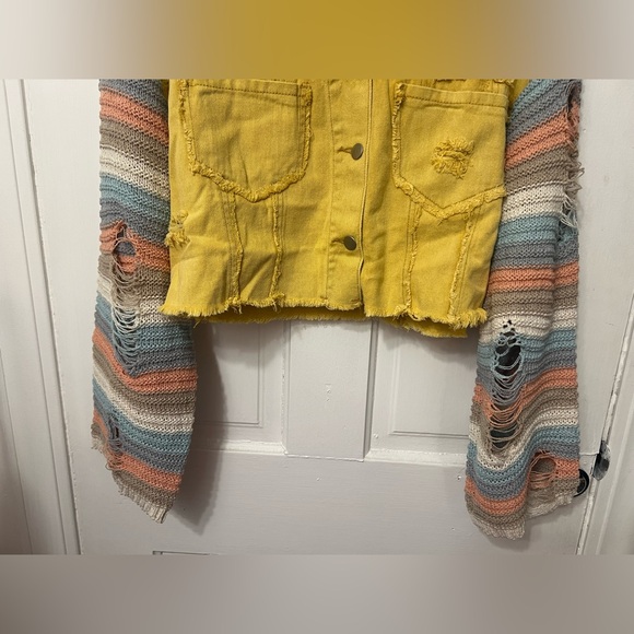 POL Crochet Knit Sleeve Cropped Yellow Denim Jacket - Picture 3 of 8